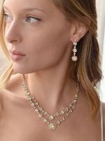 Mariell Gold Two-Row Rhinestone Crystal Necklace and Earrings Set - Prom, Brides and Bridesmaids Jewelry - Image 3